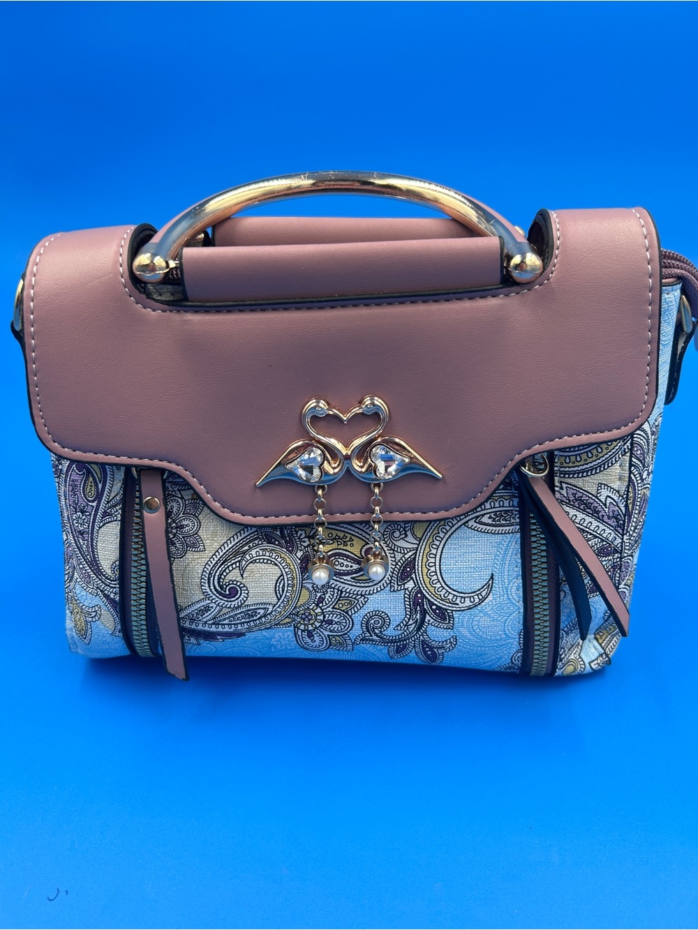Pink Paisley-Print Satchel with Gold Flamingo Accent